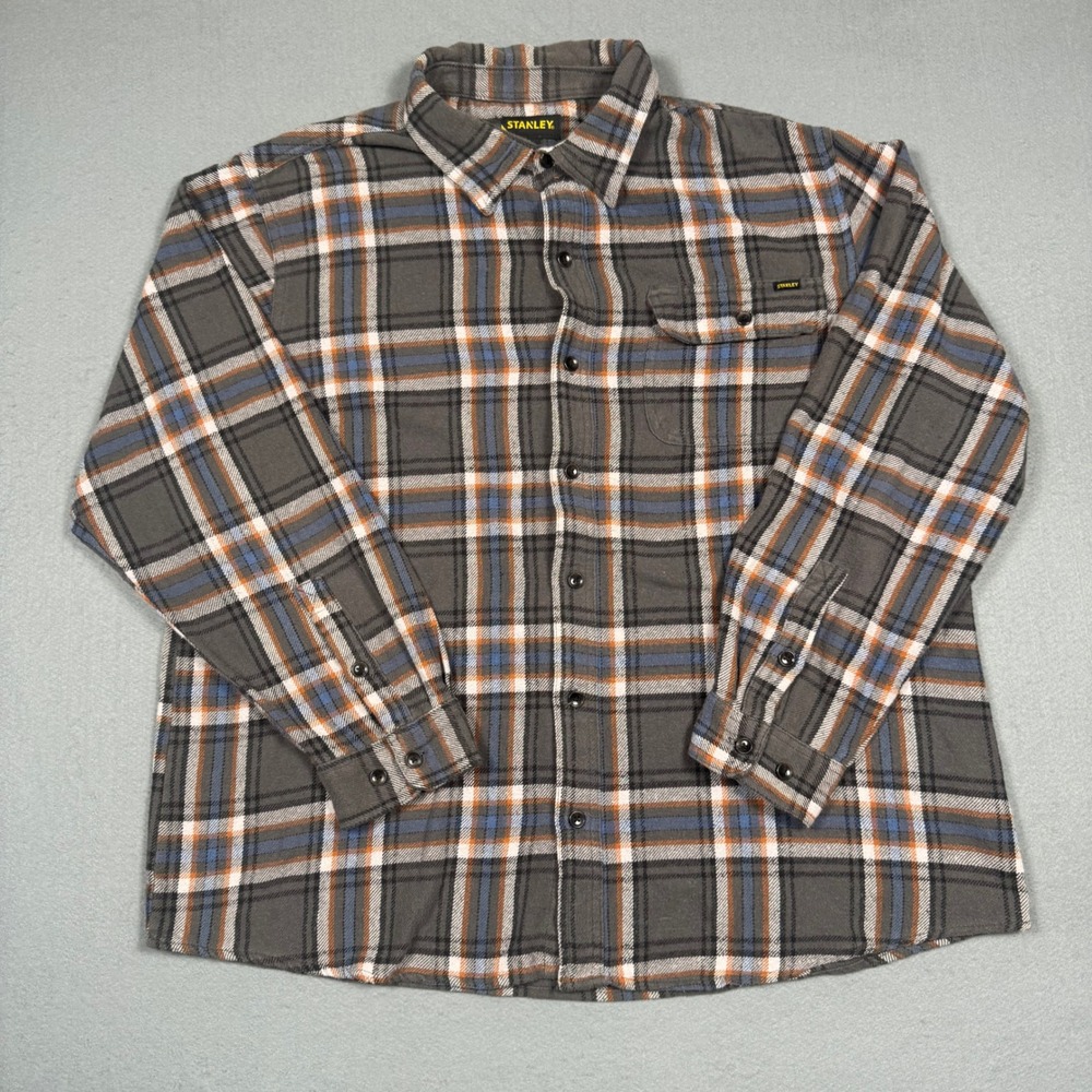 Stanley Flannel Shirt Mens XL Gray Blue Orange Plaid Workwear Button Up Long Slv